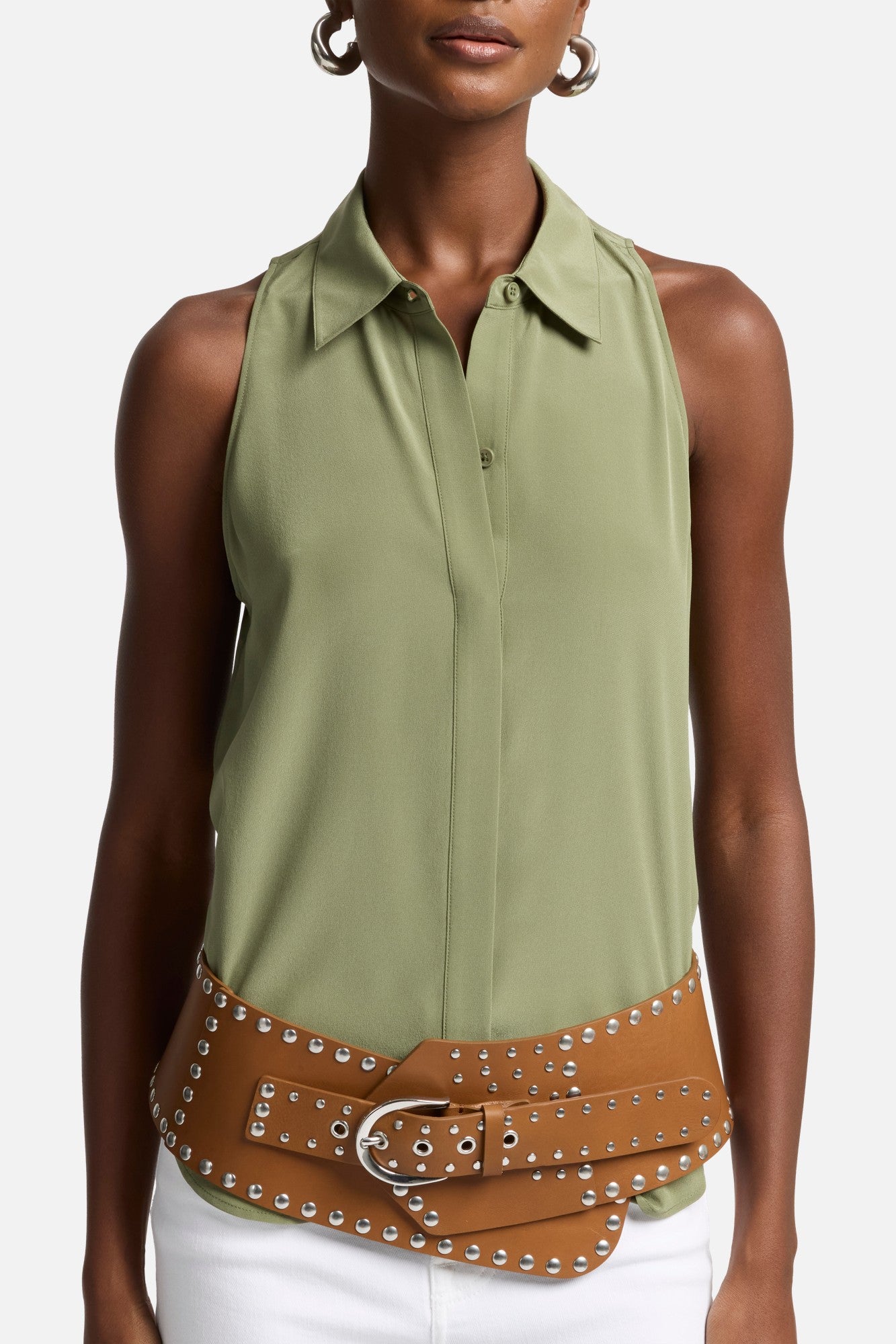 7-for-all-mankind-sleeveless-silk-button-down-damen-bluse-army image 4
