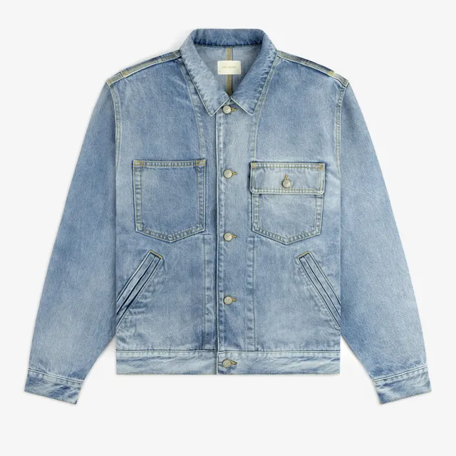 aim-leon-dore-denim-trucker-jacket-blue-bleach-wash-aus-italien-denim image 1