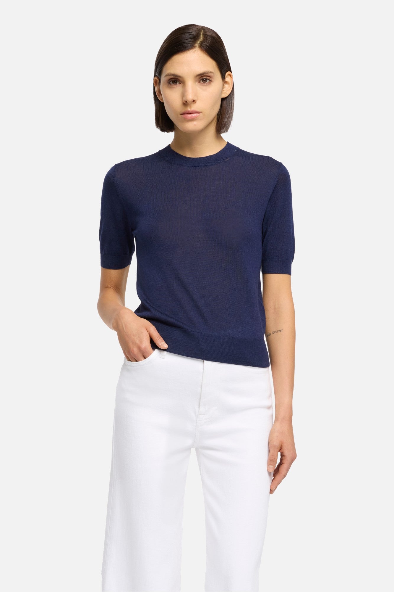7-for-all-mankind-silk-blend-kurzarm-pullover-navy-damen image 3