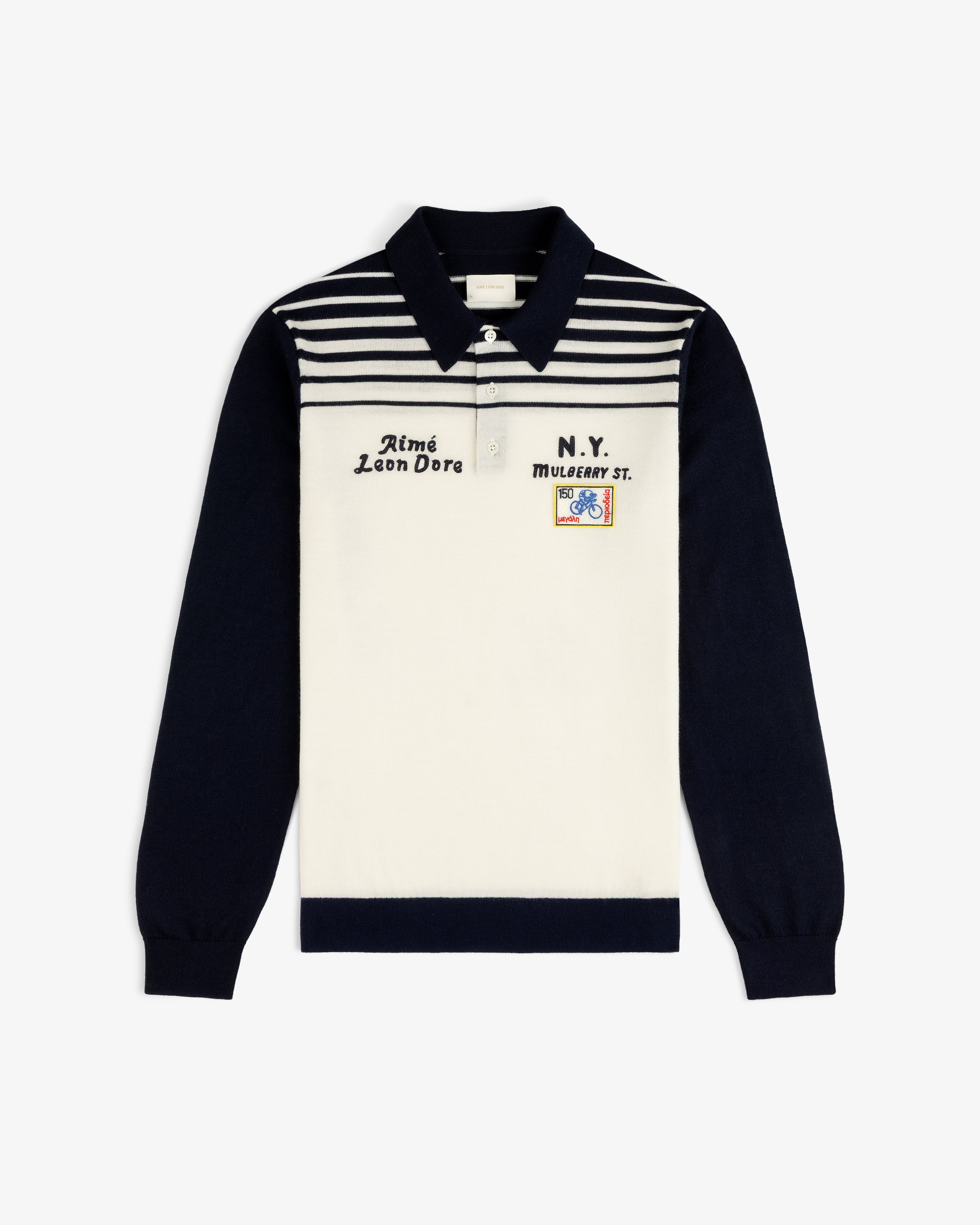 aim-leon-dore-merino-wool-knit-cycling-polo-creme-navy image 2
