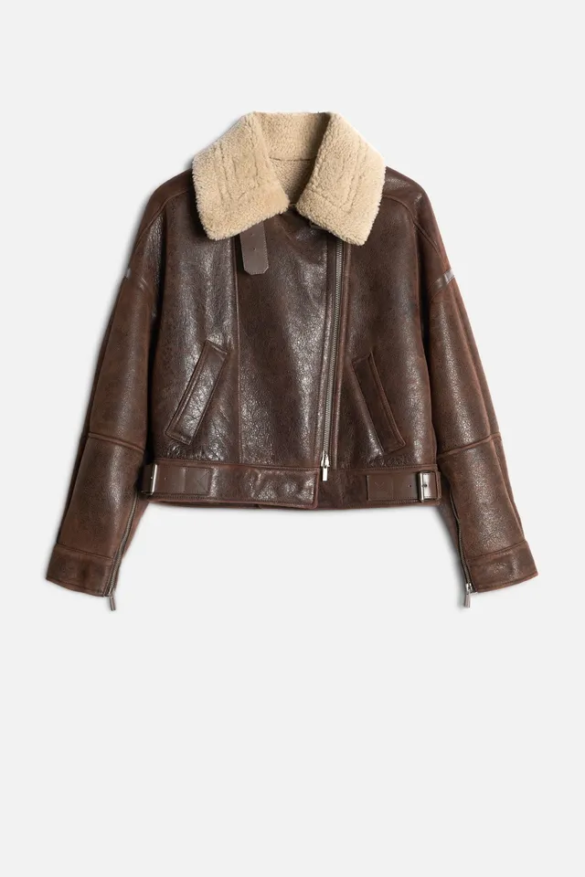 7-for-all-mankind-leather-shearling-jacke-brown-oversized-biker-aus-italienische image 1