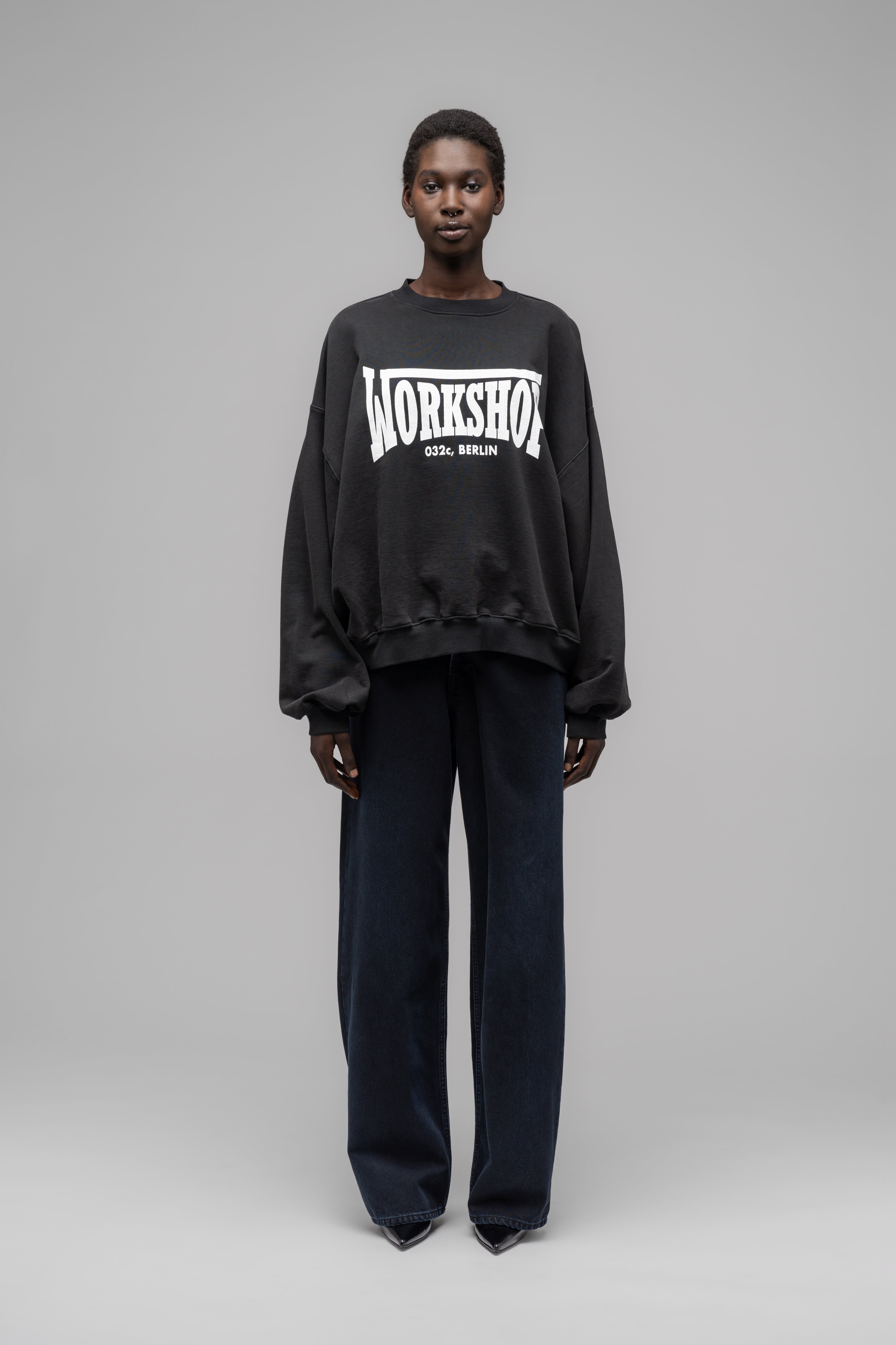 032c-workshop-crewneck-with-print-faded-black-sweatshirt-oversized-unisex image 1