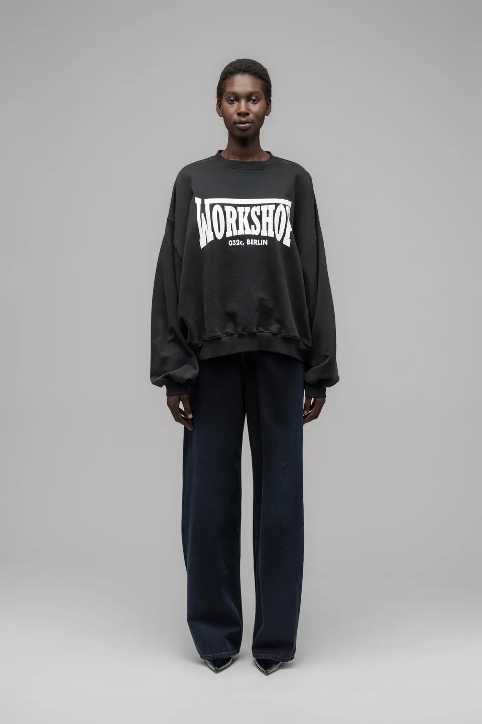 032c-workshop-crewneck-with-print-faded-black-sweatshirt-oversized-unisex image 1