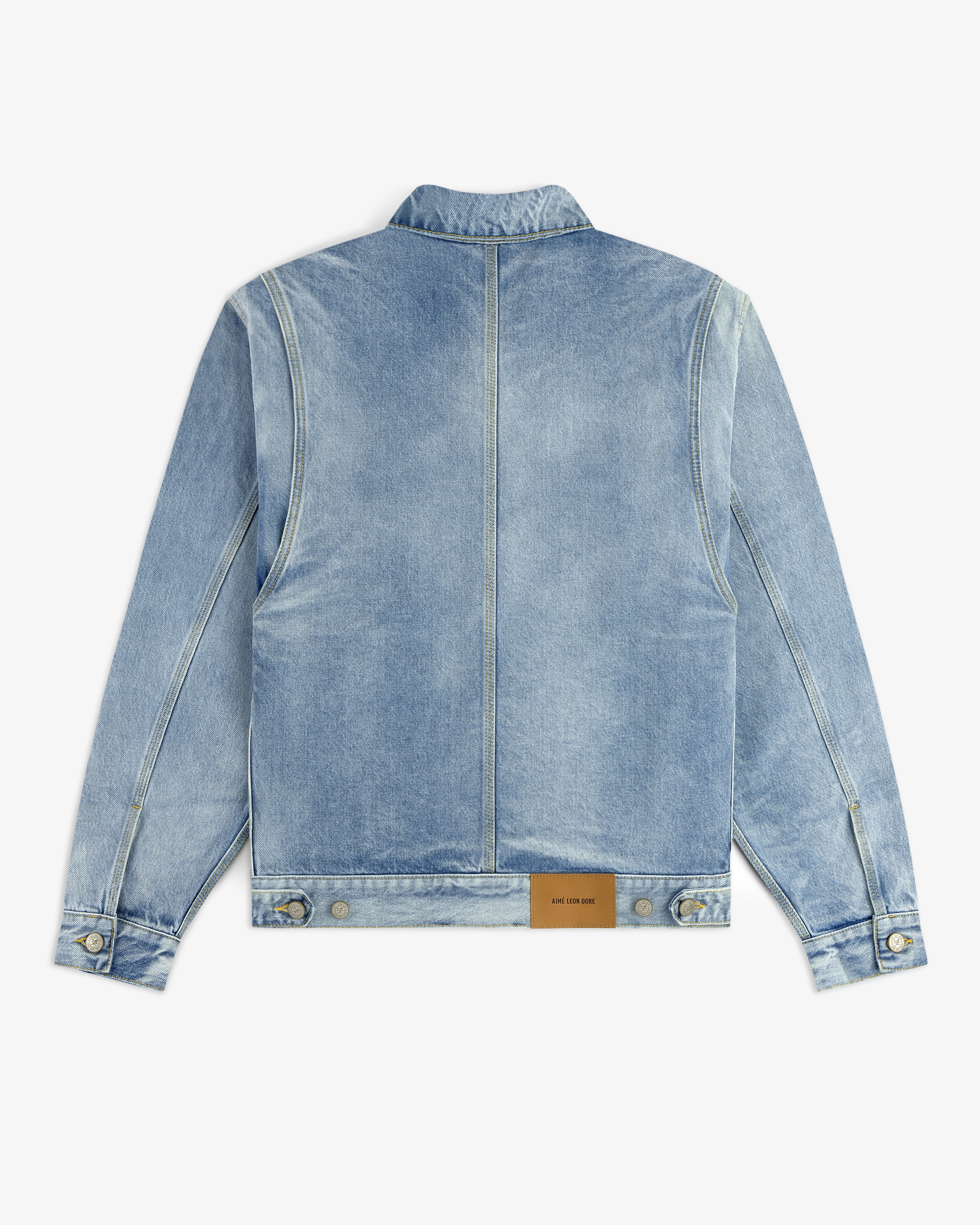 aim-leon-dore-denim-trucker-jacket-blue-bleach-wash-aus-italien-denim image 4