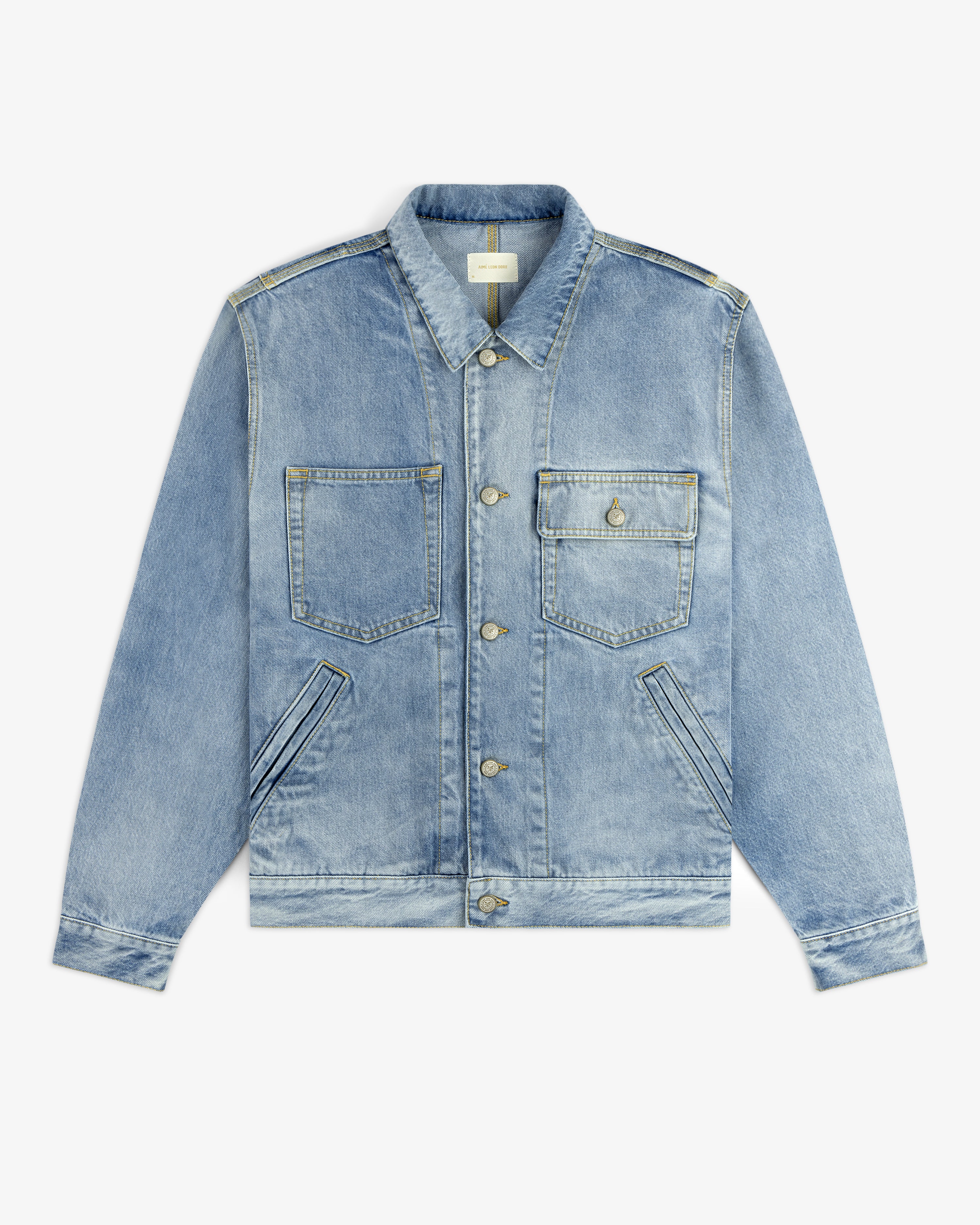 aim-leon-dore-denim-trucker-jacket-blue-bleach-wash-aus-italien-denim image 2
