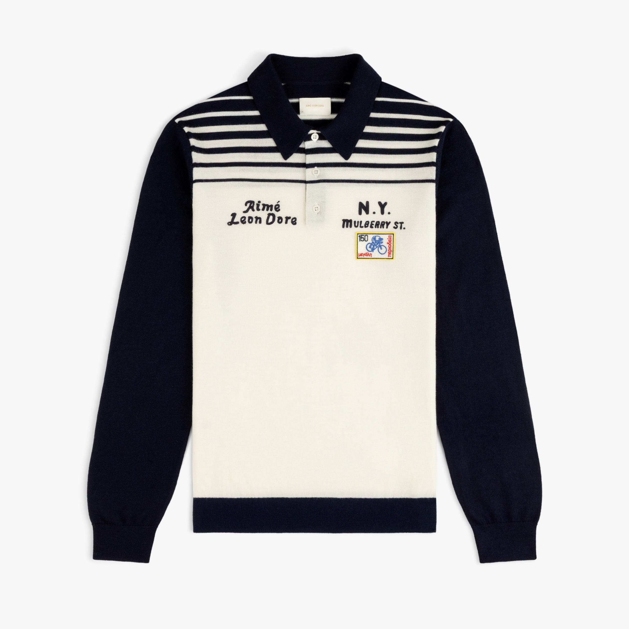 aim-leon-dore-merino-wool-knit-cycling-polo-creme-navy image 1
